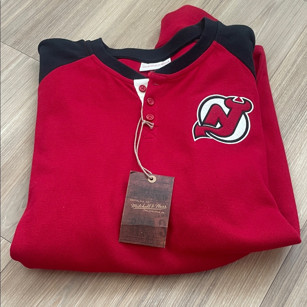 Red and Black NJ Devils Henley Shirt with NHL LOGO SZ 2XL